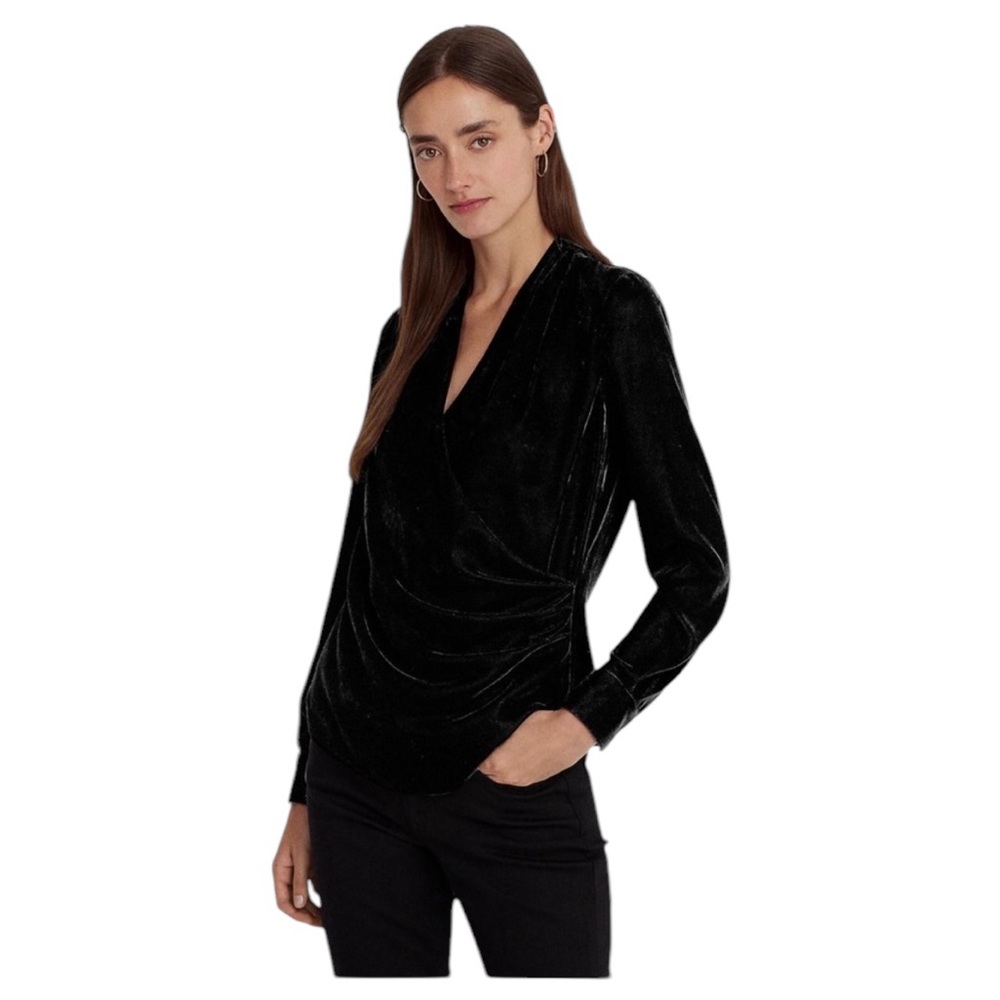 NWT Lauren Ralph Lauren Women’s Pleated Velvet Surplice Blouse in Black